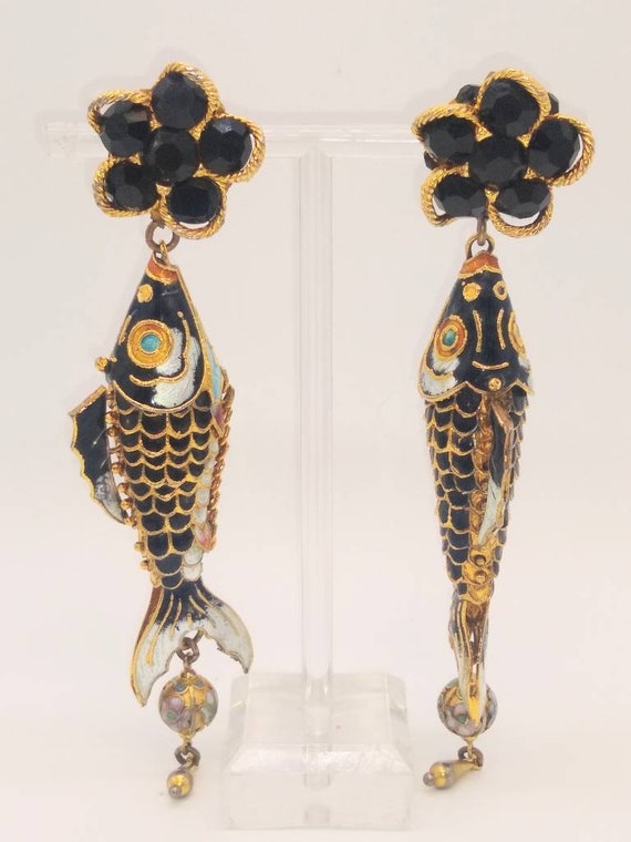 Vintage fish cloisonne koy fish earrings - image 1