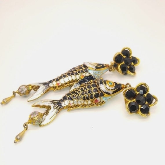 Vintage fish cloisonne koy fish earrings - image 2