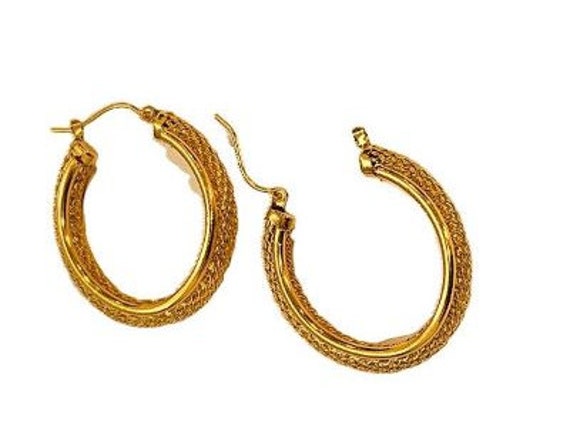 14K gold oval textured gold hoops earrings - image 4