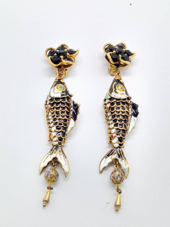 Vintage fish cloisonne koy fish earrings - image 5