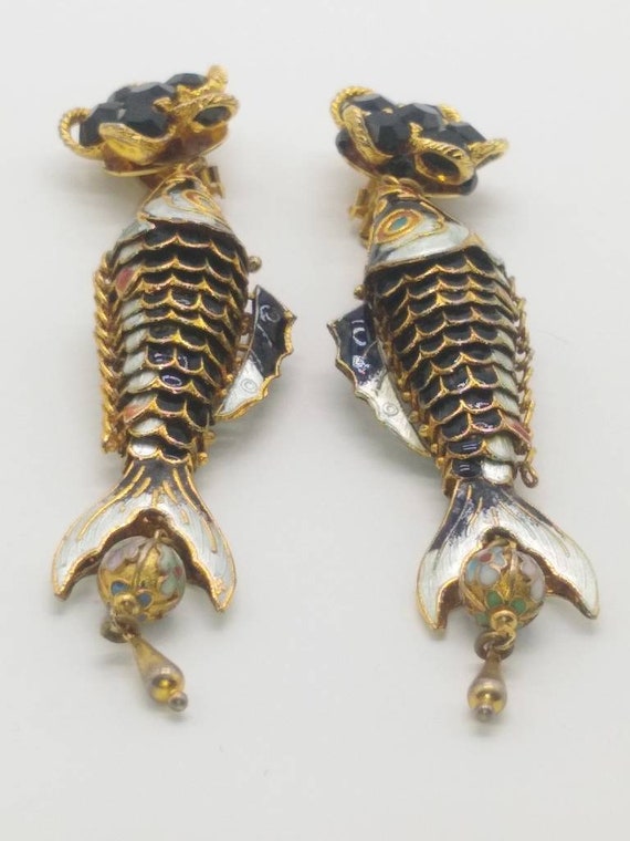 Vintage fish cloisonne koy fish earrings - image 3