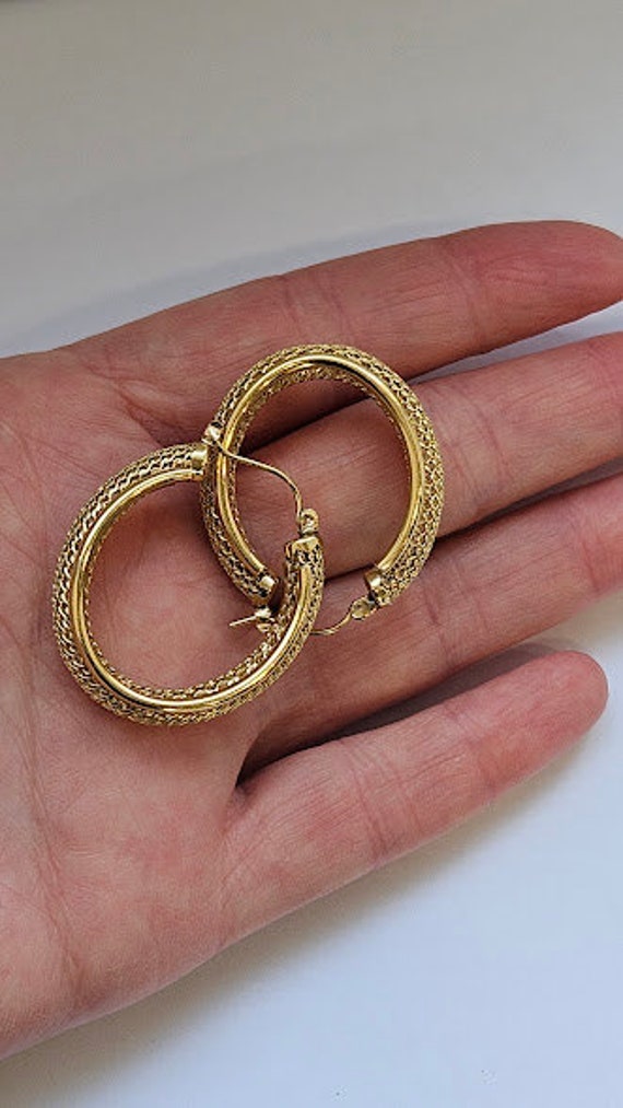 14K gold oval textured gold hoops earrings - image 7