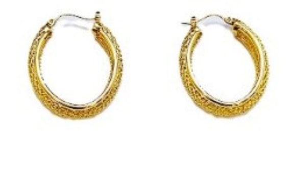 14K gold oval textured gold hoops earrings - image 3