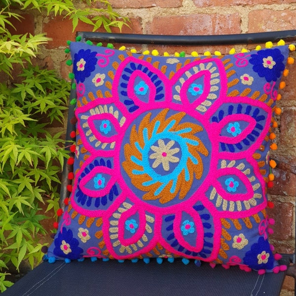Embroidered Suzani Cushion cover, Boho Cushions, Pillow Covers, Indian Cushion, Scatter Cushions, Blue Cushion Cover