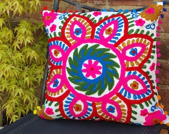 Embroidered Suzani Cushion cover, Boho Cushions, Pillow Covers, Indian Cushion, Scatter Cushions, White Cushion Cover
