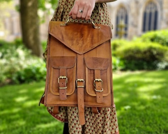 Leather Back Pack, Messenger Bag, Rustic Tan Leather Satchel, Four Pocket Back Pack, real leather, handmade bag