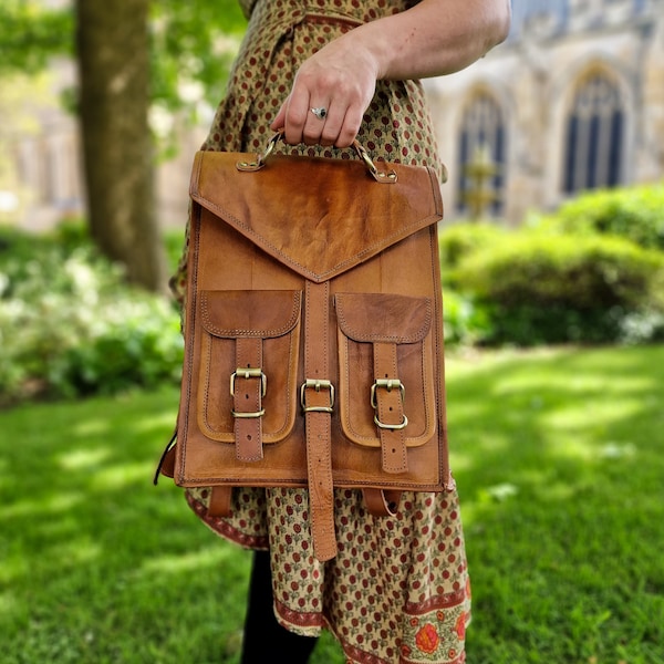 Leather Back Pack, Messenger Bag, Rustic Tan Leather Satchel, Four Pocket Back Pack, real leather, handmade bag