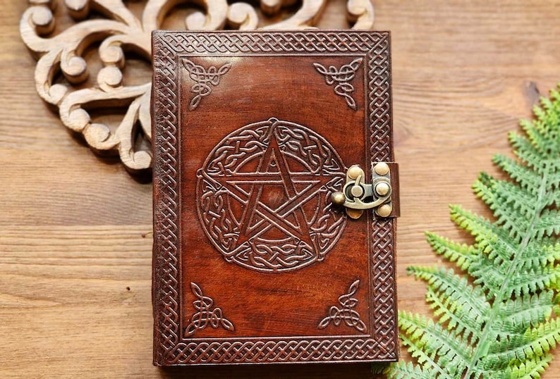 Brown Leather Pentacle Journal Pentagram Book of Shadows Leather Diary GrimoireLeather Journal Leather Book image 1