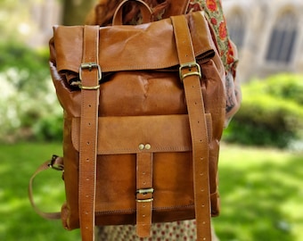 Leather Backpack, Rustic Tan Leather Roll Top Bag, Leather Laptop Back Pack, handmade, real leather