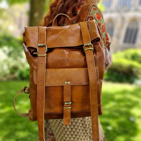 Leather Backpack, Rustic Tan Leather Roll Top Bag, Leather Laptop Back Pack, handmade, real leather