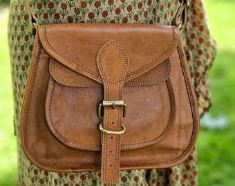 Small Rustic Tan Leather Hand Bag, Leather Saddle Bag, Boho Bag, Small Leather Handbag