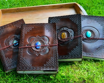 Leather Journal with inlaid semi-precious stone containing plain paper, Journal, Book of Shadows, Grimoire, gratitude dream journal