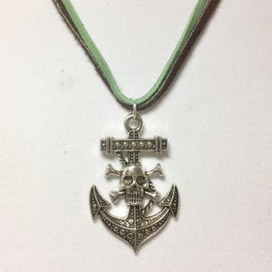 Pirate themed- 18&quot; double strand suede necklace with silver colored anchor and skull pendant