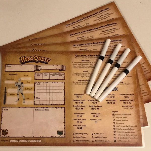 Heroquest Set of Four reusable Character Sheets with Pens