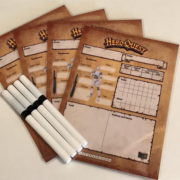 Ensemble de quatre feuilles de personnage réutilisables avec stylos Heroquest - Version recto-verso plus petite