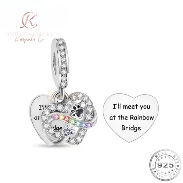 Cat / Dog Paw Memorial Charm Genuine 925 Sterling Silver - I'll Meet You At The Rainbow Bridge