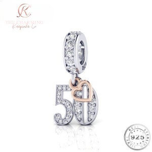 50th Birthday Charm Genuine 925 Sterling Silver & Rose Gold - 50 Years Gift