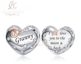 Granny Heart Charm Genuine 925 Sterling Silver - I Love You to the Moon & Back