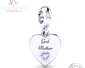 God Mother Heart Dangle Charm Genuine 925 Sterling Silver - Gift for Christmas / Birthday