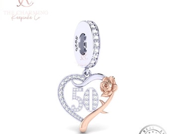 50th Birthday Charm Genuine 925 Sterling Silver & Rose Gold - 50 Years