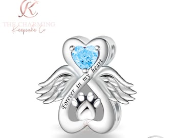 Cat / Dog Paw Guardian Angel Charm Genuine 925 Sterling Silver - Forever In My Heart - Pink or Blue Memorial