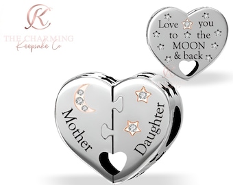 Mother & Daughter Heart Charm Genuine 925 Sterling Silver - Love You to the Moon