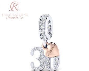 30th Birthday Charm Genuine 925 Sterling Silver with Personalised Daughter Heart Tag