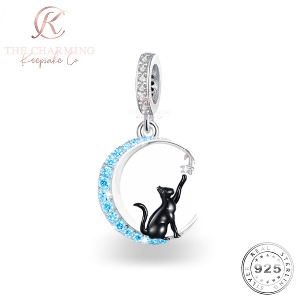 Black Cat in the Moon Charm Genuine 925 Sterling Silver