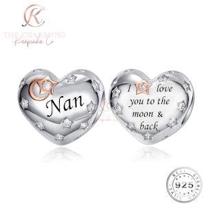 Nan Heart Charm Genuine 925 Sterling Silver - I Love You to the Moon & Back