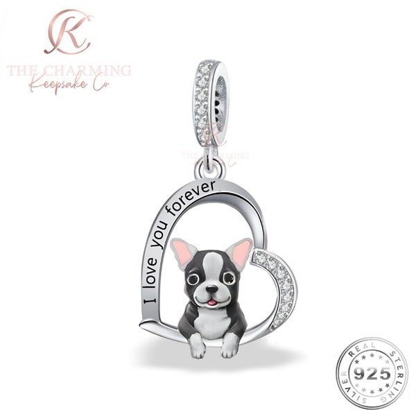 Boston Terrier Dog I Love You Forever Charm Genuine 925 Sterling Silver