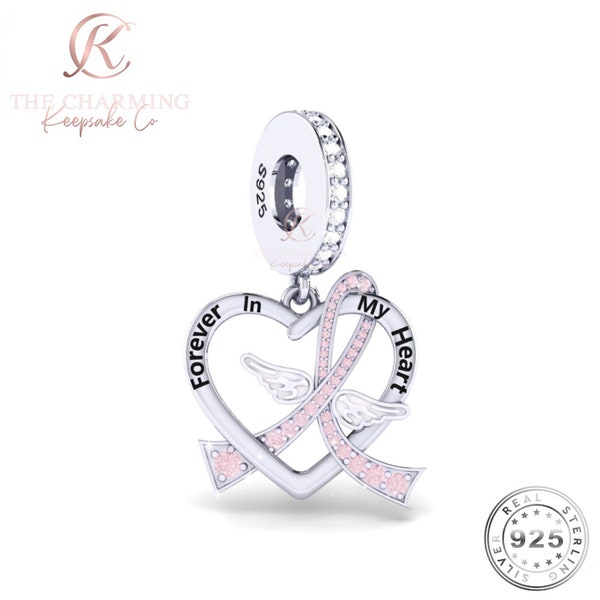 Forever In My Heart Angel Wings Charm Genuine 925 Sterling Silver - Pink Cancer Ribbon / Memorial