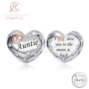 Auntie Heart Charm Love you to the Moon Genuine 925 Sterling Silver - Aunt Gift