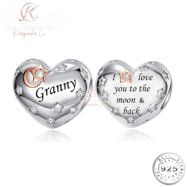 Granny Heart Charm Genuine 925 Sterling Silver - I Love You to the Moon & Back