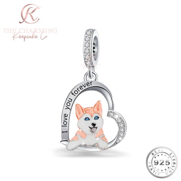 Husky Dog I Love You Forever Charm 925 Sterling Silver & Rose Gold