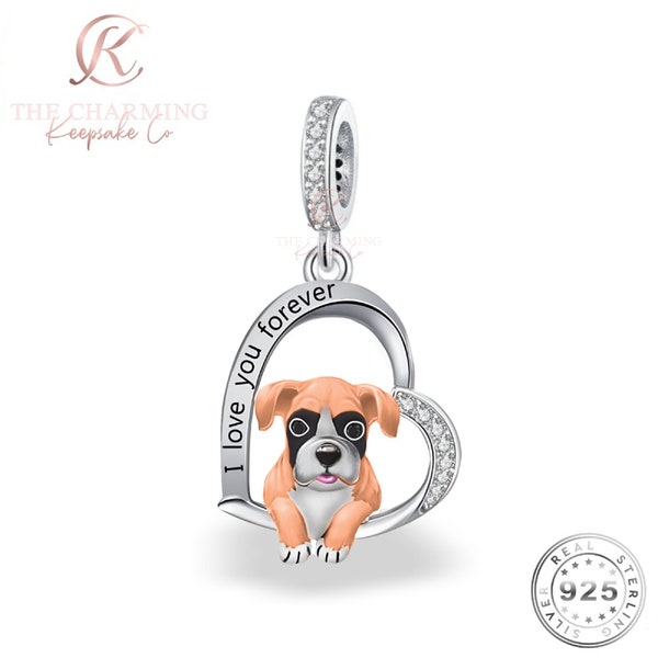 Boxer Dog I Love You Forever Charm 925 Sterling Silver & Rose Gold