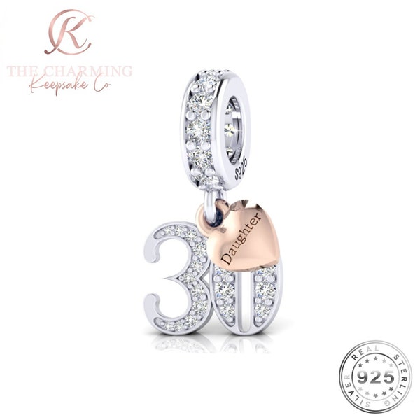 30th Birthday Charm Genuine 925 Sterling Silver with Personalised Daughter Heart Tag