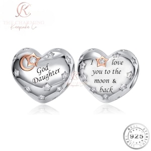 God Daughter Heart Charm Genuine 925 Sterling Silver - I Love You to the Moon & Back
