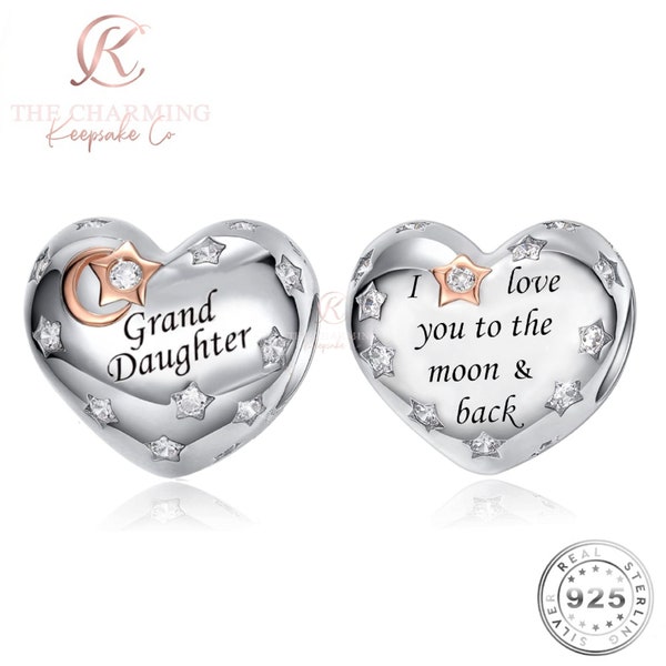 Granddaughter Heart Charm Genuine 925 Sterling Silver - I Love You to the Moon & Back
