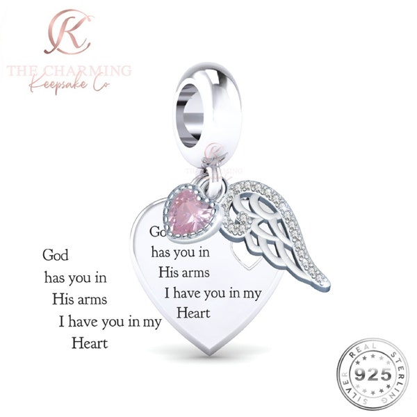 Angel Wings Charm Genuine 925 Sterling Silver - God Has You In His Arms - Memorial