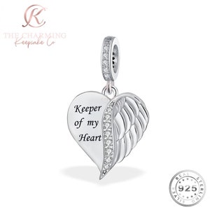 Angel Wing Heart Charm Genuine 925 Sterling Silver  - Keeper of my Heart
