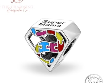 Autism Awareness Super Mama Charm Genuine 925 Sterling Silver - Puzzle