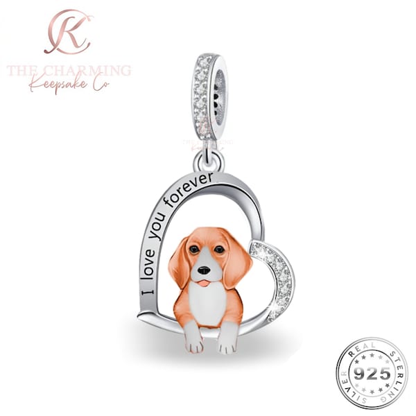 Beagle Dog I Love You Forever Charm Genuine 925 Sterling Silver & Rose Gold