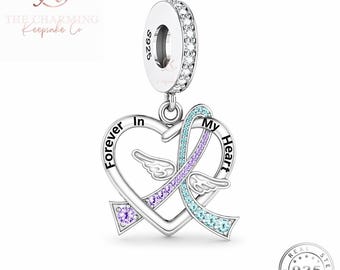 Suicide Awareness Ribbon Angel Wings Charm Genuine 925 Sterling Silver - Memorial