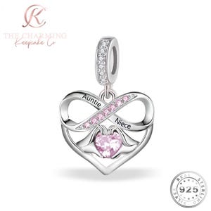 Niece & Auntie Heart Charm Genuine 925 Sterling Silver and Pink Crystal- Gift for Christmas / Birthday