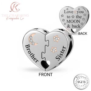 Brother & Sister Heart Charm Genuine 925 Sterling Silver - Love You to the Moon