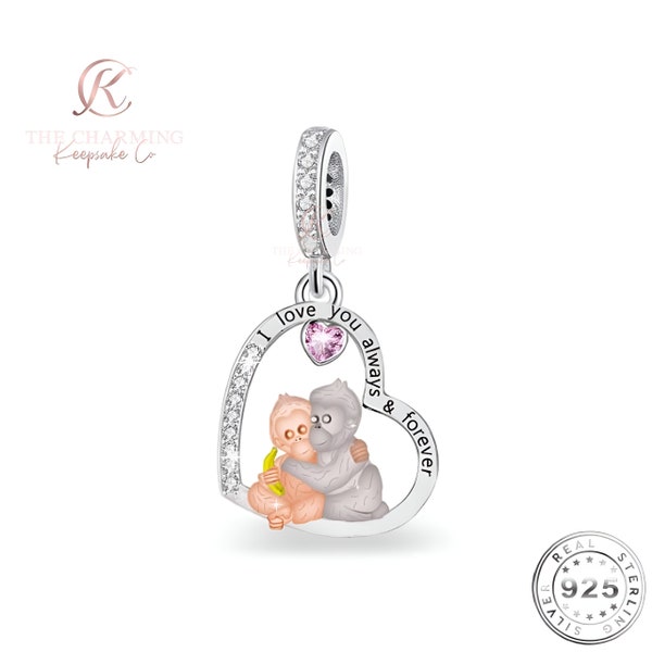 I Love You Forever Monkey Charm Genuine 925 Sterling Silver & Rose Gold