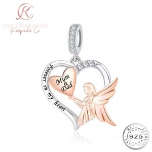 Mum and Dad Guardian Angel Charm Genuine 925 Sterling Silver & Rose Gold  - Memorial Charm