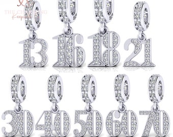 13th, 16th, 18th, 21st, 30th, 40th, 50th, 60th or 70th Birthday Years Charm Genuine 925 Sterling Silver  -Birthday Milestone or Anniversary