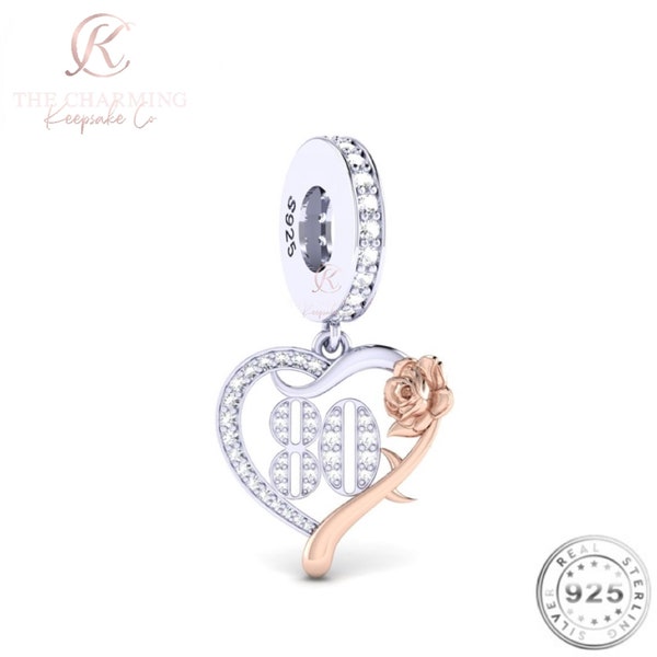80th Birthday Years Charm Genuine 925 Sterling Silver & Rose Gold - 80 Years Milestone Gift