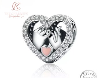 Holding Hands Love Heart Charm Genuine 925 Sterling Silver - Pinky Promise